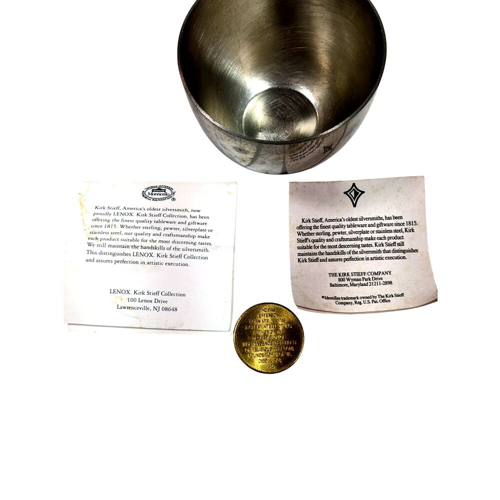 Lenox Kirk Stieff Pewter Thomas Jefferson Cup P50, Paperwork Coin Included READ